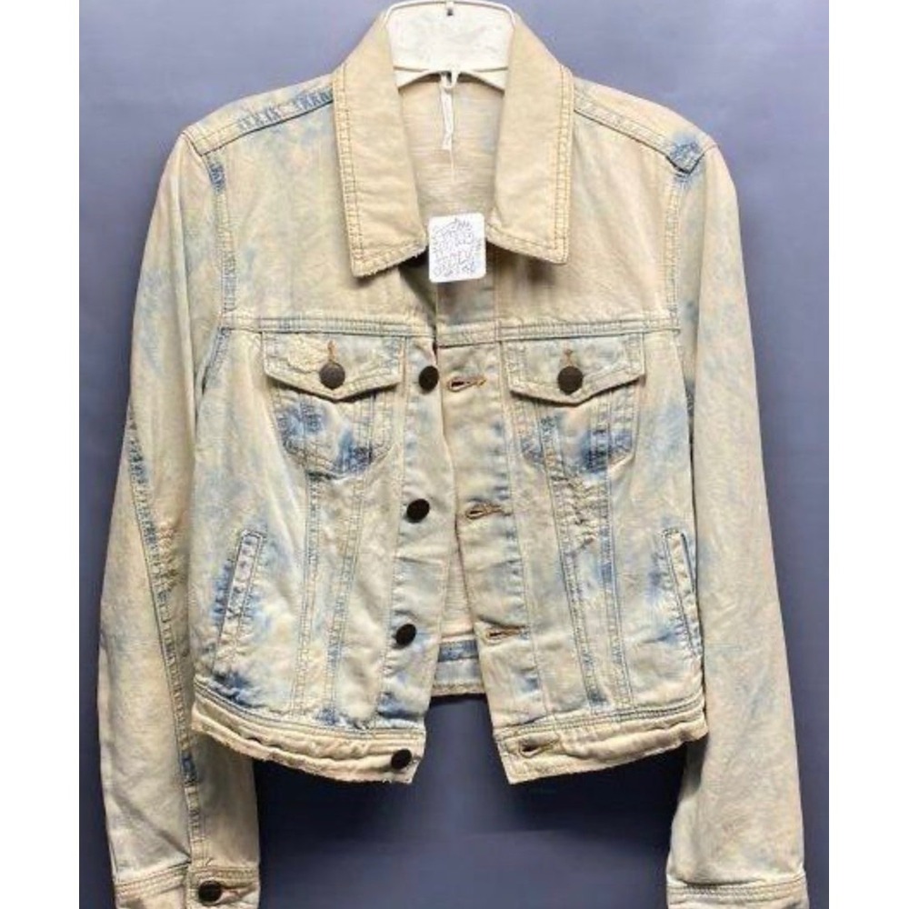 Free People Rumors Distressed Denim Jacket Bleached Acid Wash Tie Dye Blue sz 8 - Picture 3 of 3